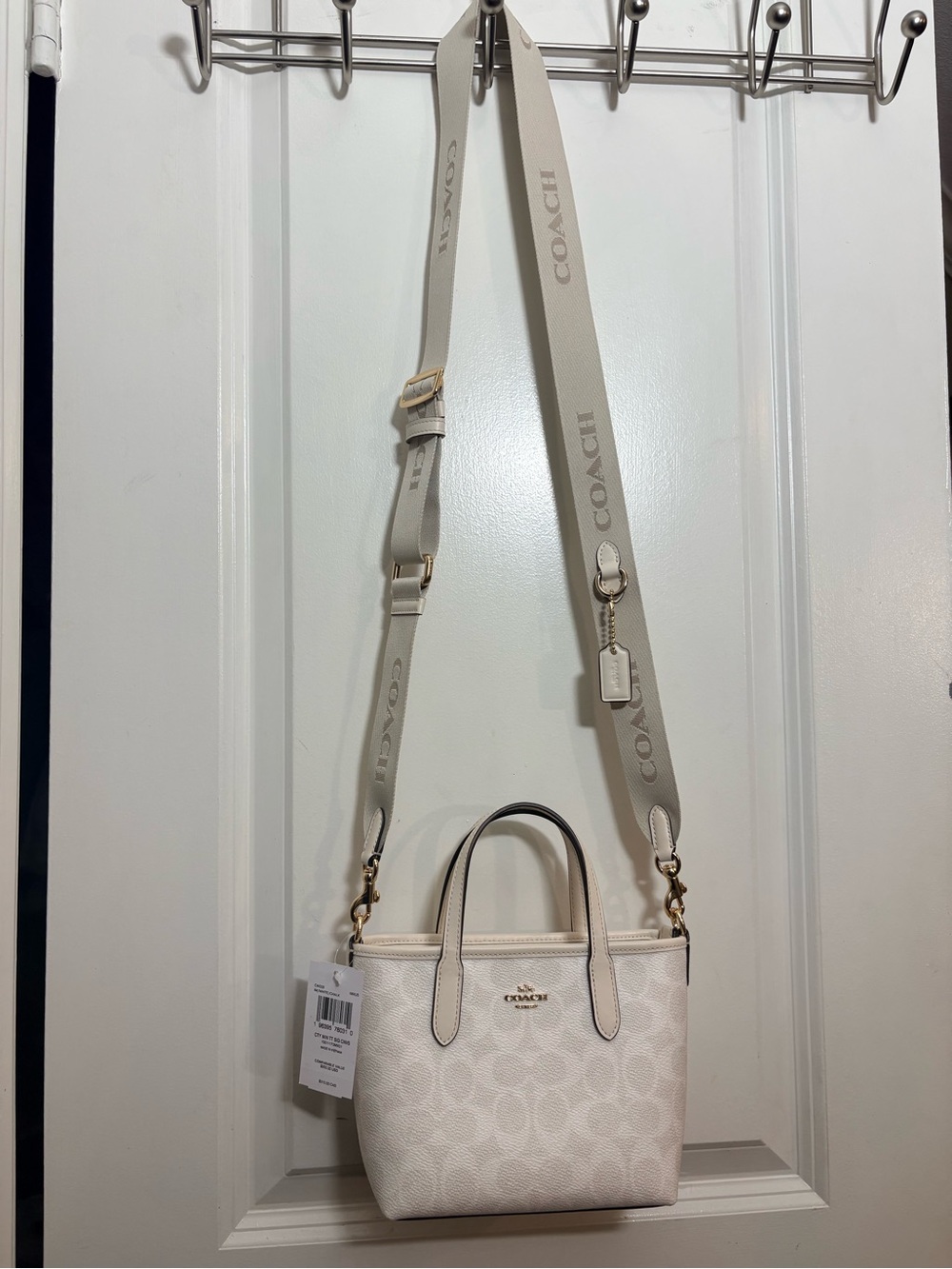 Coach Cream Signature Mini Crossbody Tote with Removable Webbing Strap - Picture 10 of 12